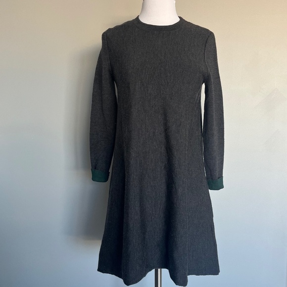 COS Gray/Emerald Green Double-Faced Merino Wool Cotton A-Line Knit Casual Dress - Picture 6 of 16